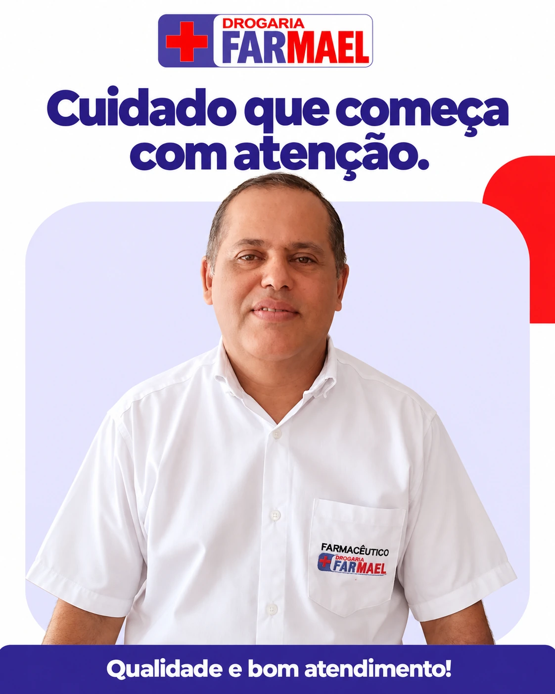 Post da Drogaria Farmael com profissional de camisa branca