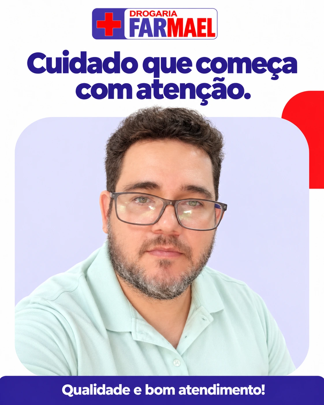 Post da Drogaria Farmael com profissional de óculos e camisa verde clara